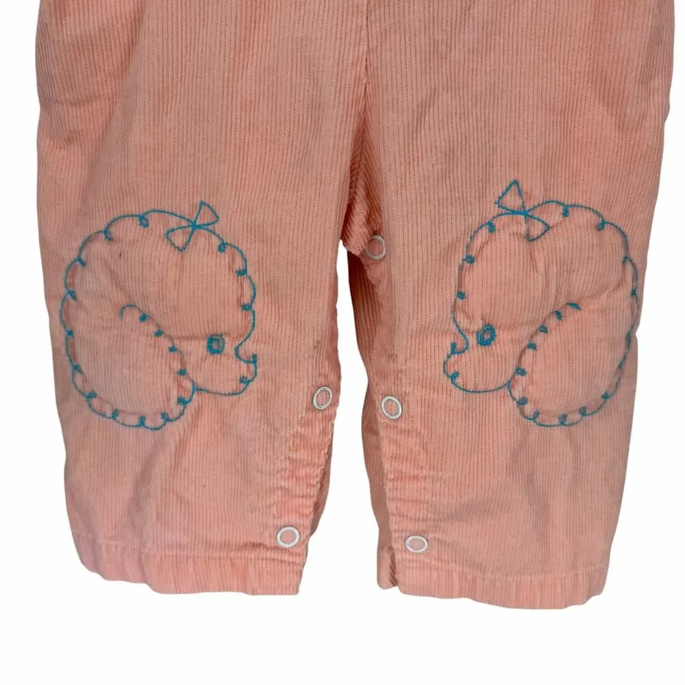 Vintage Overalls 12 Months Infant Pink Poodle Corduroy Ruffles Padded Knees